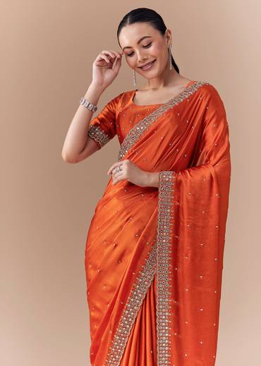 Rust Orange Embroidered Border Saree with Blouse Fabric