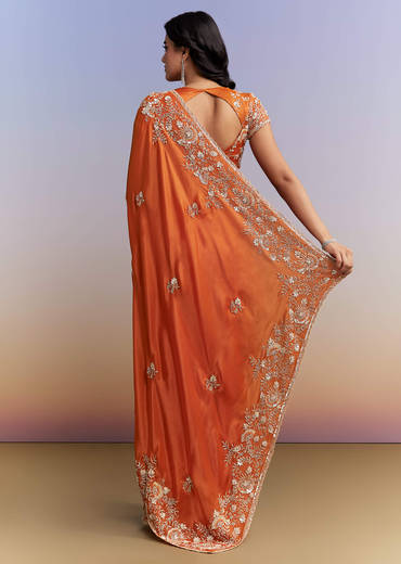 Rust Orange Satin Saree With Heavy Hand Embroidery