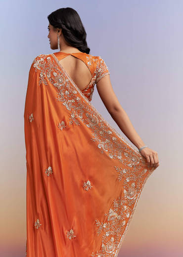 Rust Orange Satin Saree With Heavy Hand Embroidery