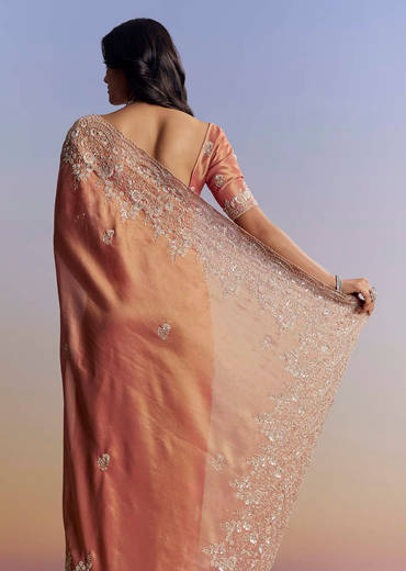 Rust Orange Tissue Saree With Floral Embroidery In Cutdana Sequins And Beads