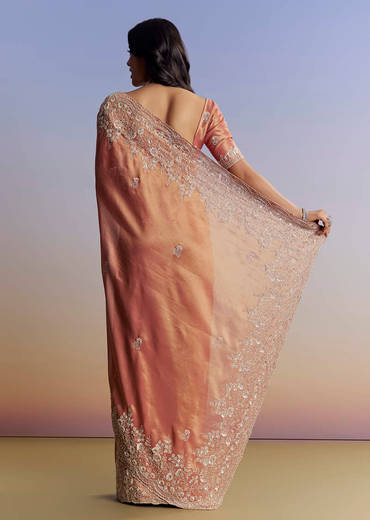 Rust Orange Tissue Saree With Floral Embroidery In Cutdana Sequins And Beads