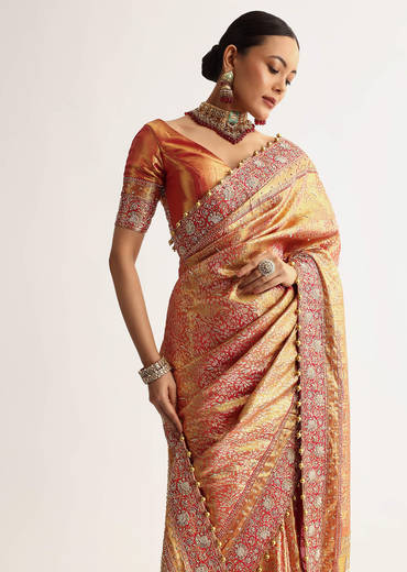 Rust Orange Tissue Saree With Heavily Embroidered Border And Pallu