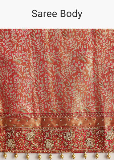 Rust Orange Tissue Saree With Heavily Embroidered Border And Pallu
