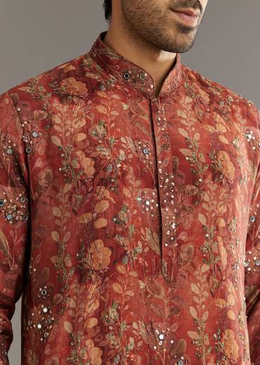 Rust Pashmina Silk Kurta Set With Stone Embellishment