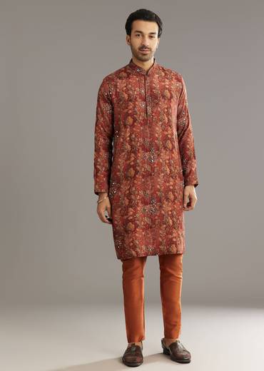 Rust Pashmina Silk Kurta Set With Stone Embellishment