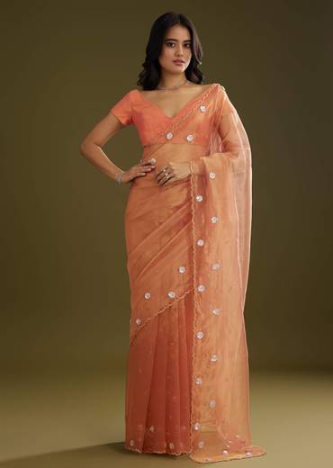 Rust Pink Tissue Floral Embroidered Saree With Cutdana Scallop Border