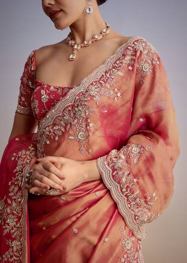 Rust Pink Tissue Saree With Zardosi Cutdana Embroidery