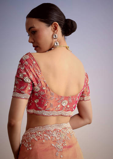Rust Pink Tissue Saree With Zardosi Cutdana Embroidery