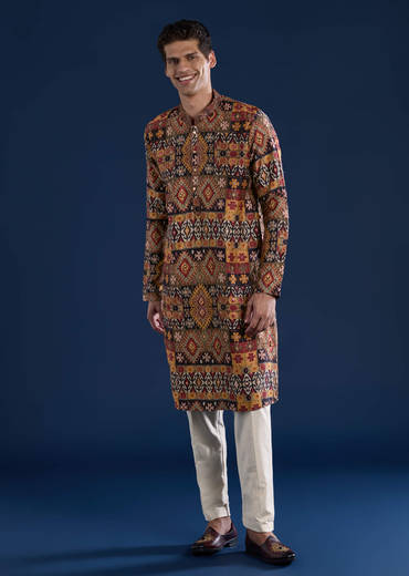 Rust Rawsilk Printed Mens Kurta and Pant Set