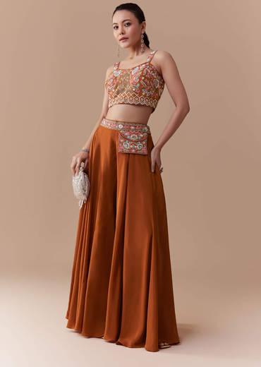 Rust Silk Crop Top Palazzo Set with Cudtana Embroidery