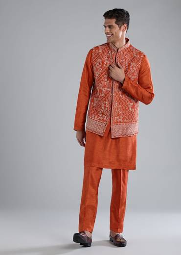 Rust Silk Kurta Jacket Set With Zari Mirror Work