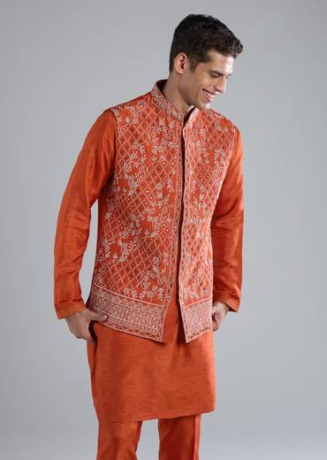 Rust Silk Kurta Jacket Set With Zari Mirror Work