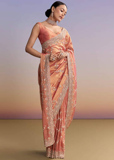 Rust Tissue Embroidered Saree With Cutdana And Stone Work