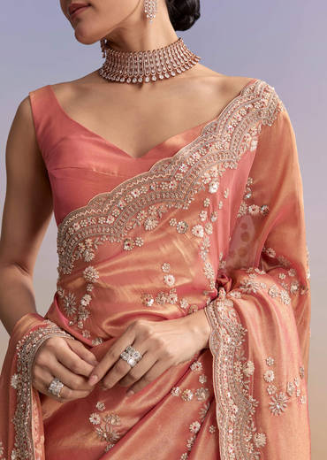 Rust Tissue Embroidered Saree With Cutdana And Stone Work