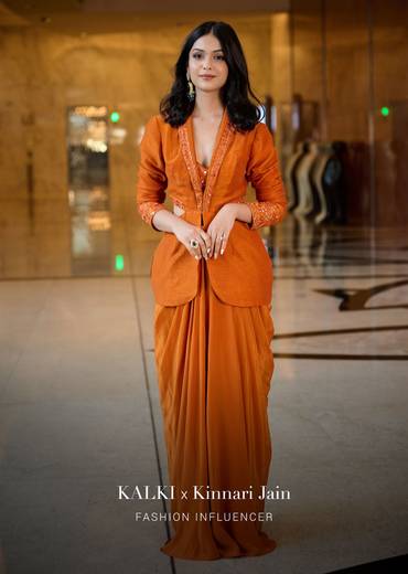 Rust Organza Jacket With Bustier And Draped Skirt