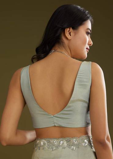 Sage Green Tissue Floral Embroidered Saree With Cutdana And Sequin Work