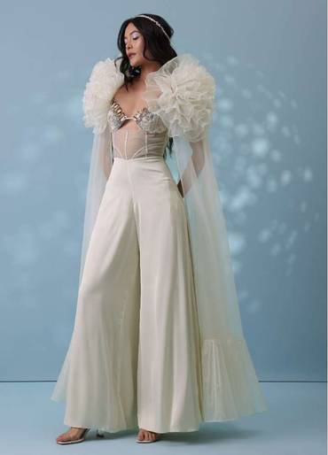 Pearl White Satin Indowestern Embroidered Jumpsuit With Net Shrug