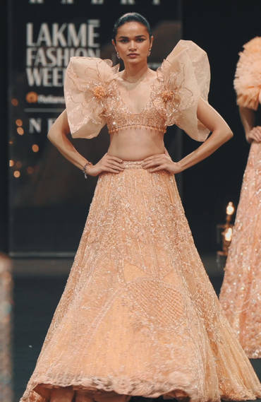 Peach Zardosi Lehenga With Dramatic Net Sleeves Blouse