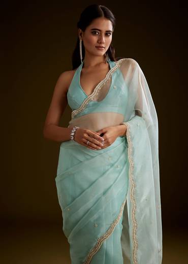 Sea Green Crush Tissue Saree With Stone And Moti Embroidery And Scallop Border