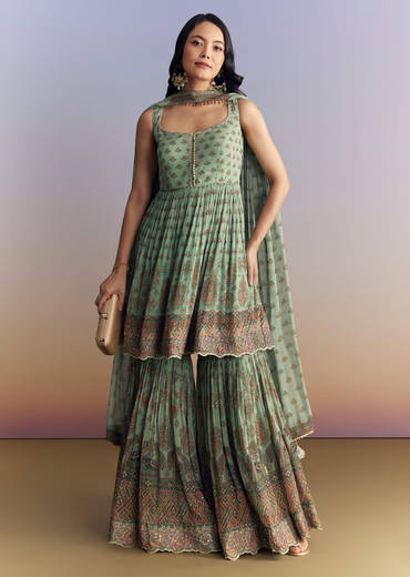 Sea Green Crepe Sharara Suit With Indie Print And Stone Work