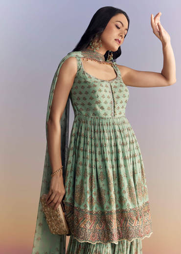 Sea Green Crepe Sharara Suit With Indie Print And Stone Work