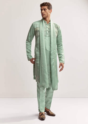 Sea Green Silk Kurta Set For Men With Bead Embroidery