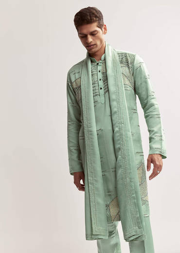 Sea Green Silk Kurta Set For Men With Bead Embroidery