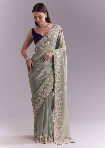 Sea Green Tissue Embroidered Saree With Floral Buttis