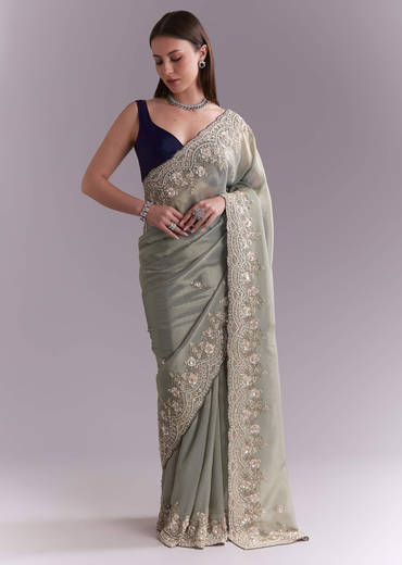Sea Green Tissue Embroidered Saree With Floral Buttis