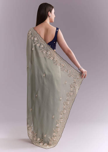 Sea Green Tissue Embroidered Saree With Floral Buttis