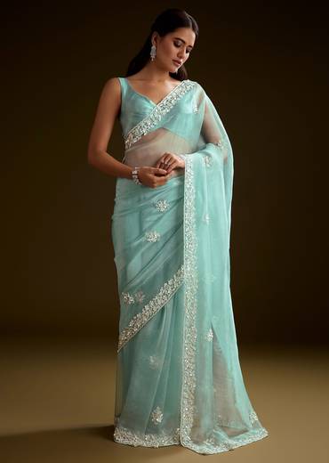 Sea Green Tissue Saree With Floral Embroidery And Scallop Border