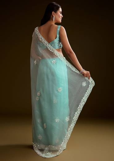 Sea Green Tissue Saree With Floral Embroidery And Scallop Border