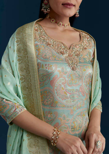 Sea Green Tissue Silk Jacquard Weave Kurta Set