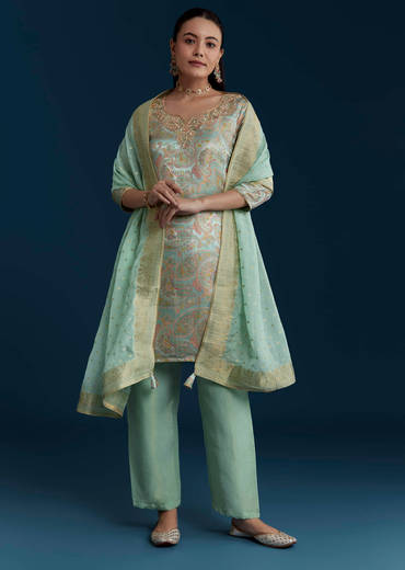 Sea Green Tissue Silk Jacquard Weave Kurta Set