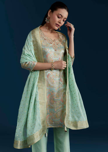 Sea Green Tissue Silk Jacquard Weave Kurta Set