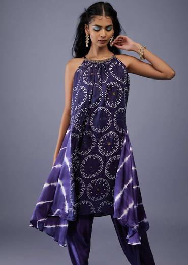 Midnight Blue Silk Bandhani Top With Tie-Dye Side Panel And Silk Dhoti Pants