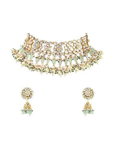 Gold Finish Choker With Pearls And Green Beads