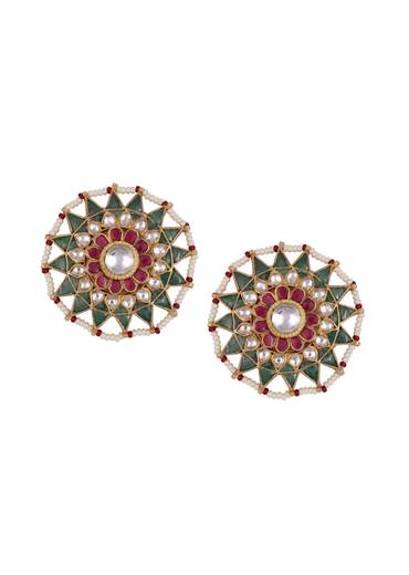 Green And Red Tone Kundan Earrings With Beads