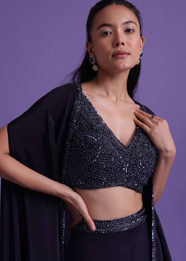 Navy Blue Cut Dana Embroidered Sharara And Blouse Set With Shrug in Satin