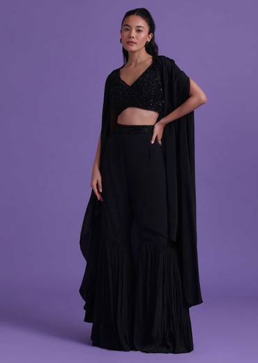 Black Cut Dana Embroidered Sharara And Blouse Set With Shrug in Satin