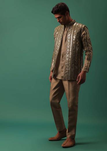 Light Brown Open Bandi Jacket And Kurta Set With Heavy Foil Work
