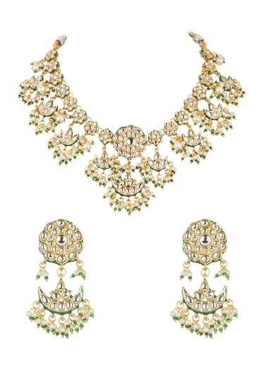 Green Kundan Necklace Set With Chandbalis In Mix Metal