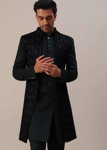 Dark Olive Green Velvet Indowestern With Threadwork And Sequins