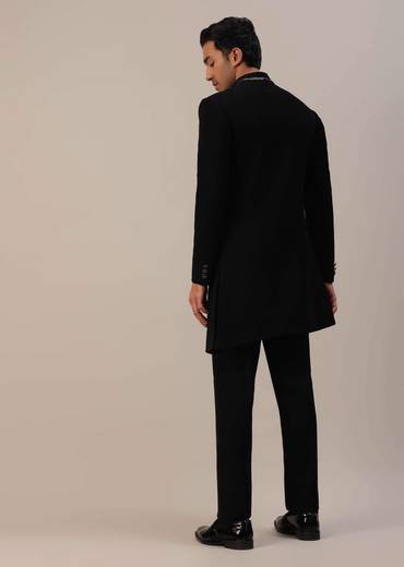 Black Cut Dana Embroidered Indowestern In Suiting Fabric