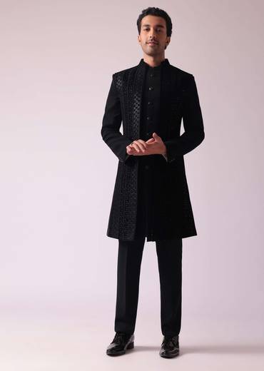 Black Embellished Indowestern In Suiting Fabric