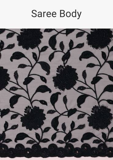Black Net Saree With Floral Threadwork And Unstitched Blouse Piece
