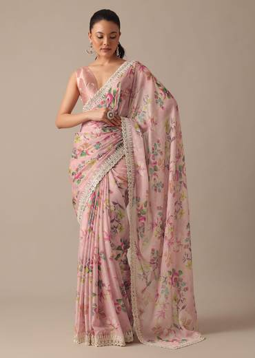 Pink Chiffon Saree With Floral Prints And Unstitched Blouse Piece