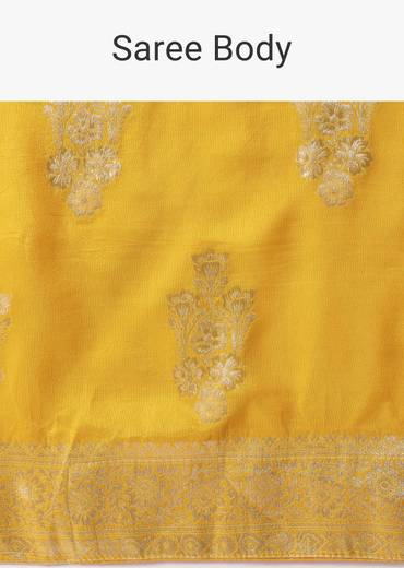 Mustard Yellow Banarasi Silk Saree With Zari Floral Motifs And Unstitched Blouse Piece