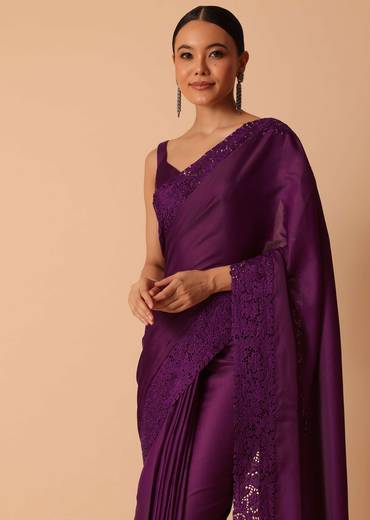 Wine Tussar Saree With Lace Border And Unstitched Blouse Piece
