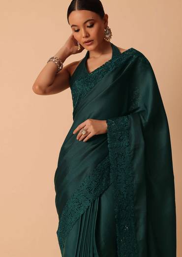 Green Saree In Organza With Lace Border And Unstitched Blouse Piece